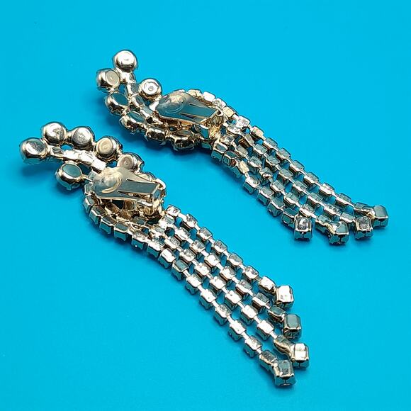 Vintage Blue Rhinestone Fringe Clip Earrings 3.25” Dangle 1960s main image 6